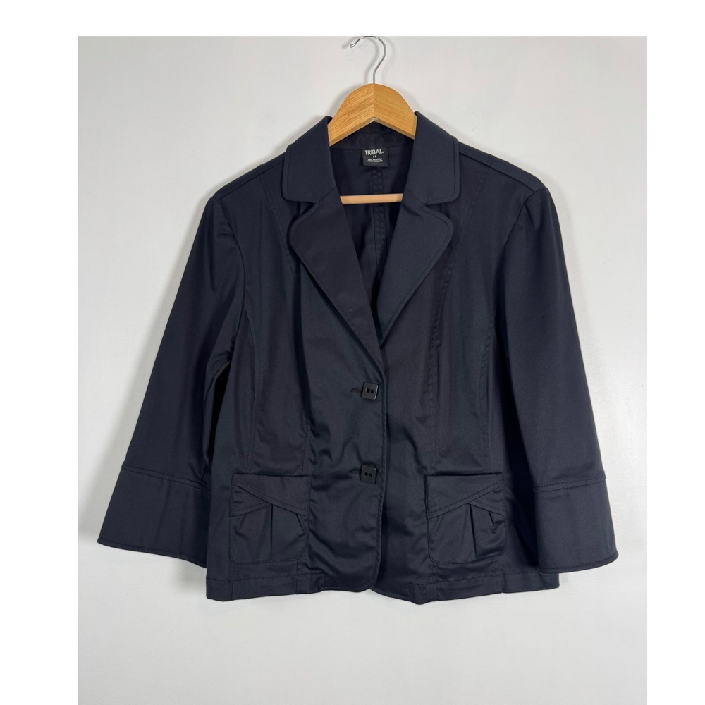 Dark Academia Tribal Womens 14 Blazer Black 3/4 Sleeve Pleated Pocket 6134O-520